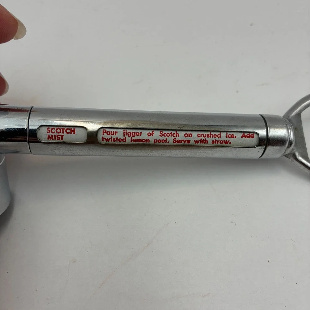 Vintage Chrome Hammer Bar Tool Jigger Bottle Opener Rotating Recipe Guide 6.5 in